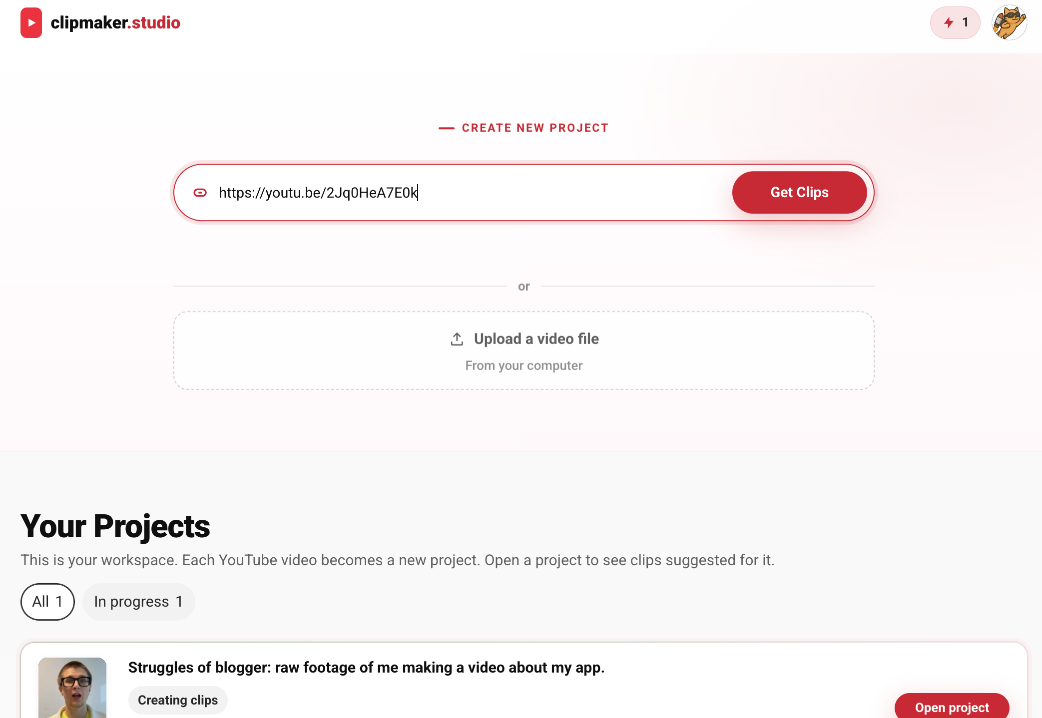 Import screen where you paste a YouTube link or upload a video file