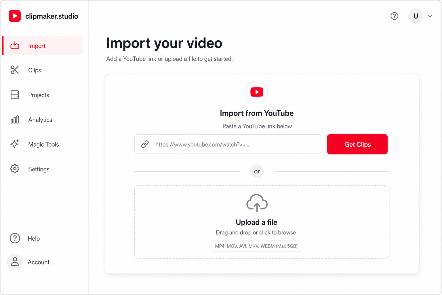 Import screen where you paste a YouTube link or upload a video file