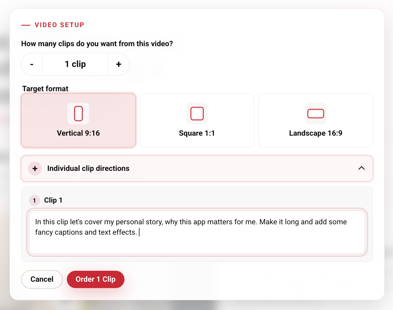 Clip setup screen with quantity, aspect-ratio, and optional prompt controls