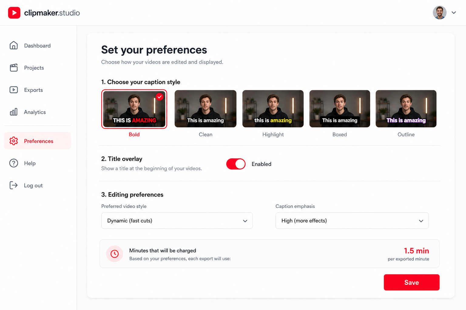 Preferences form with caption styles, a title overlay toggle, and minute cost