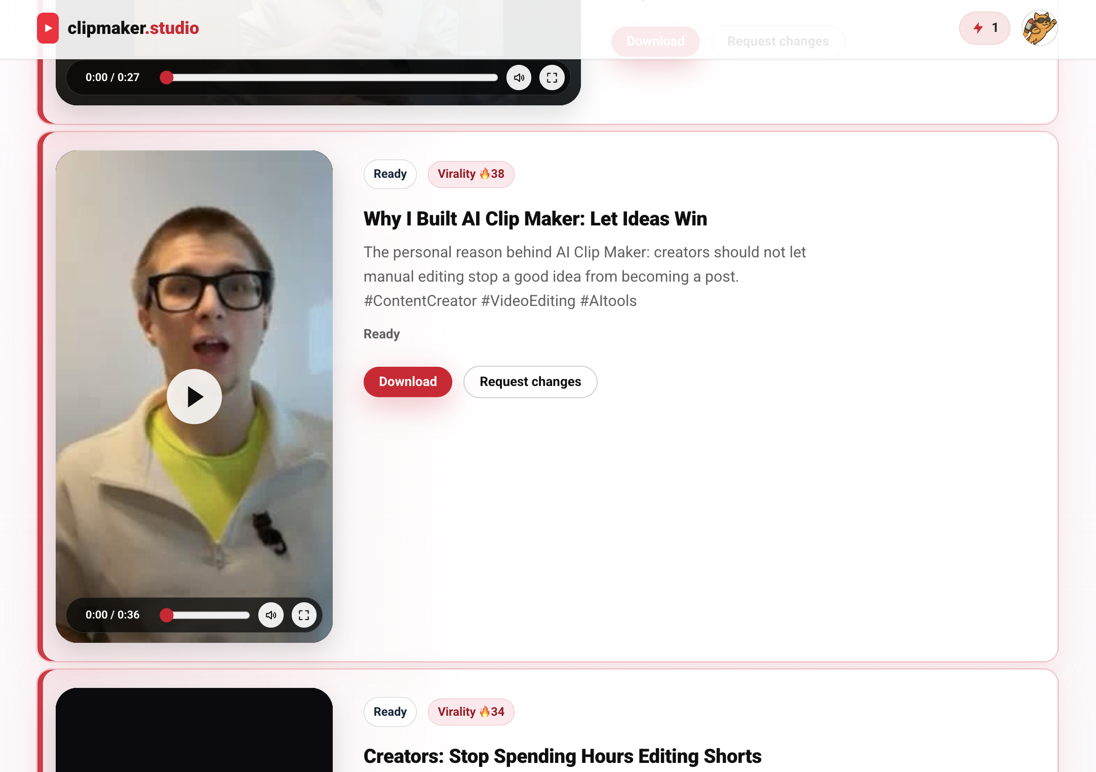 Generated clip cards with download actions