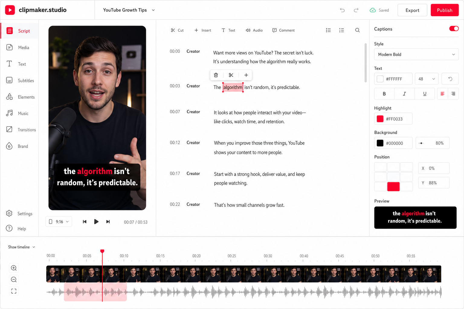 Script-based video editor where editing text edits the video