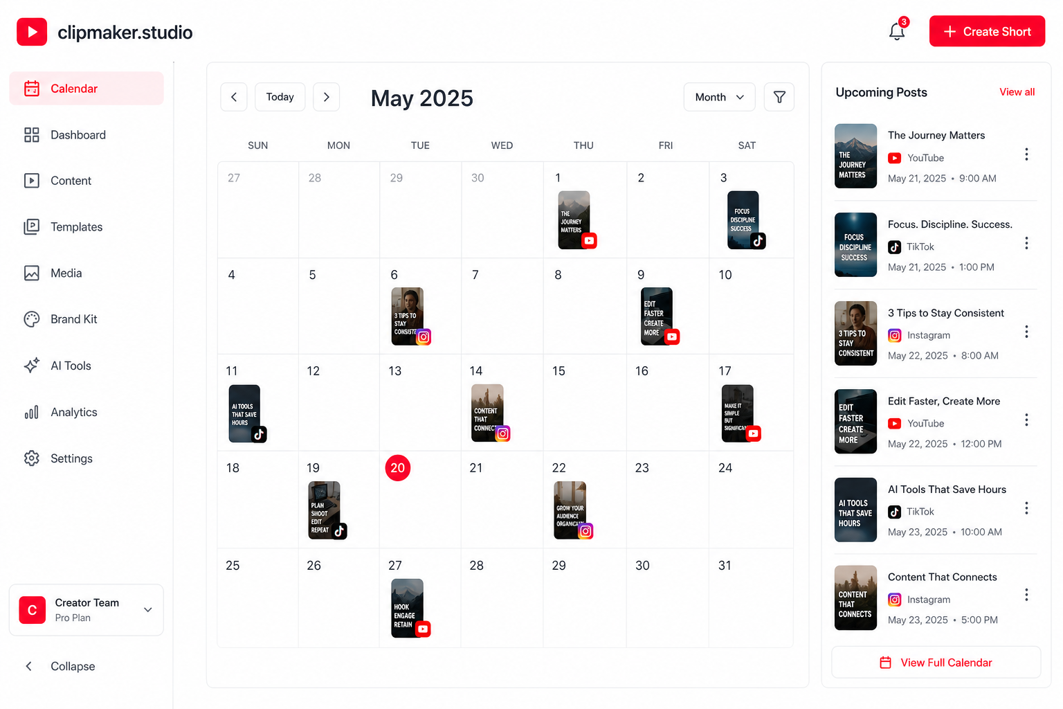 Content calendar showing scheduled Shorts across the month